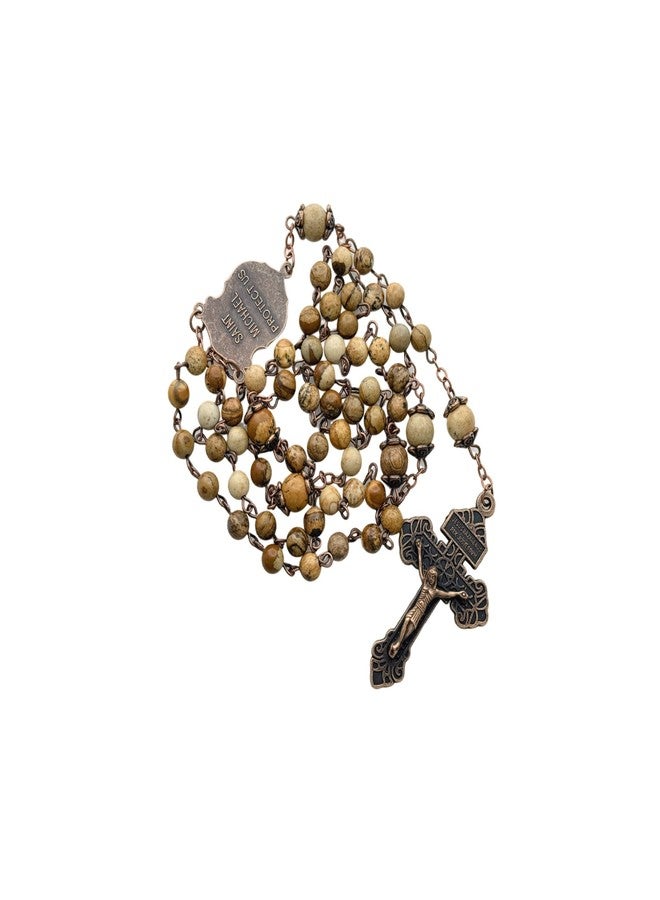 Intercession Natural Stone St. Michael Rosary - Handcrafted Green & Earth-Tone Gemstone Beads with Antique Bronze Crucifix and Medal (Jasper Stone - 6mm) - Image 2